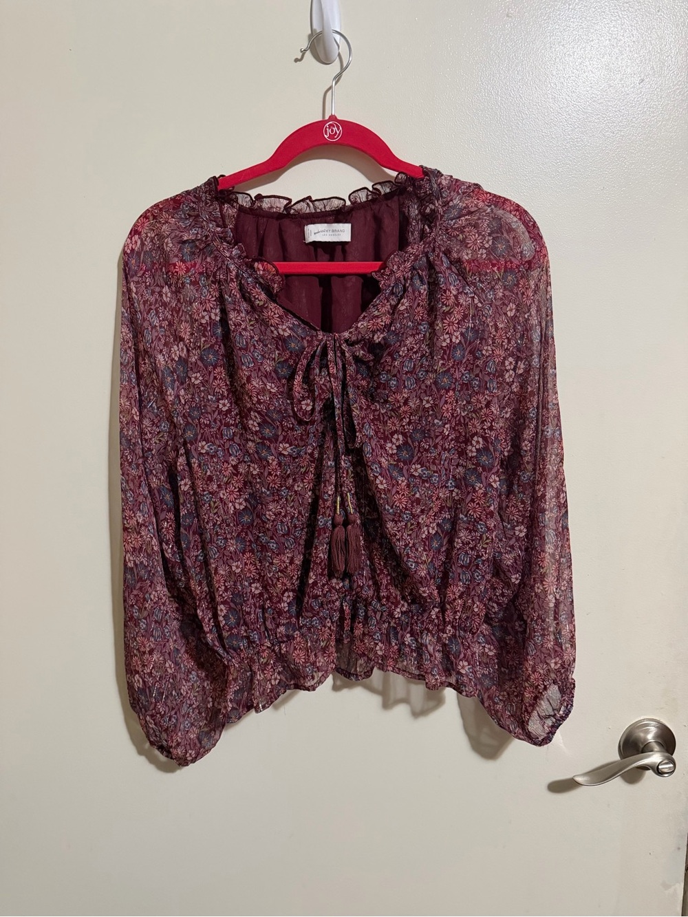 Lucky Brand Burgundy Floral Tie-Neck Peasant Top